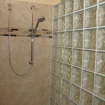 Glass block prefabricated shower wall and ceramic tile shower enclosure Raleigh