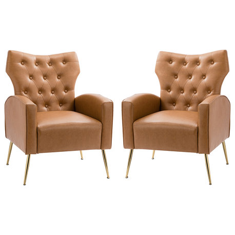 38" High Comfy Armchair With Metal Legs, Set of 2, Camel