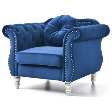 Maklaine Transitional Tufted Velvet Chair in Navy Blue Finish