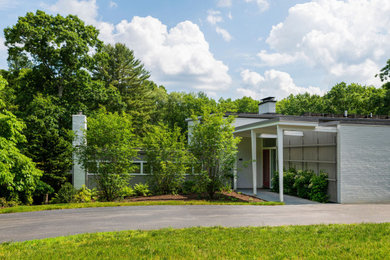 This is an example of a mid-sized mid-century modern front yard stone walkway in Boston.
