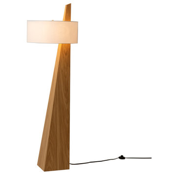 Obelisk Floor Lamp, Natural Ash Wood Finish, White Cotton-Linen Shade