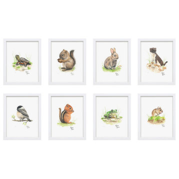 "Woodland Tinies" Set of Eight Framed Prints White, 16x20