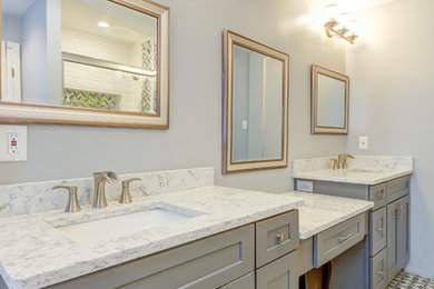 Mid-sized transitional kids bathroom in Phoenix with shaker cabinets, grey cabinets, an alcove shower, blue walls, ceramic floors, an undermount sink, quartzite benchtops, a sliding shower screen and white benchtops.