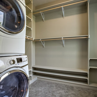 オマハの中サイズのトランジショナルスタイルのおしゃれな家事室 (ベージュのキャビネット、ベージュの壁、カーペット敷き、上下配置の洗濯機・乾燥機、ベージュの床) の写真