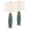 Set of 2 Modern Table Lamp, Blue/Brown Painted Glass Body With Fabric Shade
