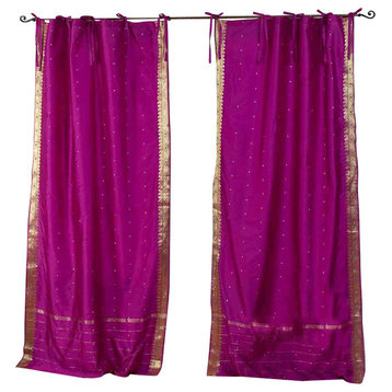 Lined-Violet Red  Tie Top  Sheer Sari Cafe Curtain / Drape - 43W x 24L - Pair