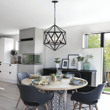 4-Light Matte Black Geometric Cage Chandelier with Brushed Nickel Farmhouse