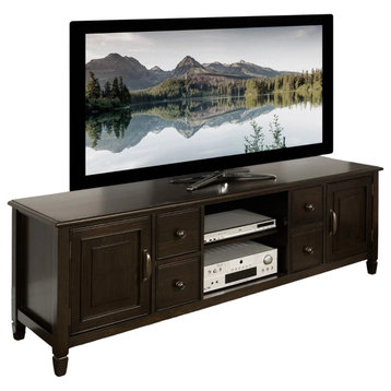 Wide TV Console, Framed Cabinet Doors & 4 Small Drawers, Dark Chestnut Brown