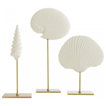 Shell Sculptures, Set of 3, White, Resin, Round