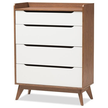 Mid, Century Modern White And Walnut Wood 4-Drawer Storage Chest