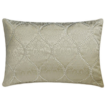 Gray Silk 12"x22" Lumbar Pillow Cover Crystal Embroidery Victorian, Aabharana