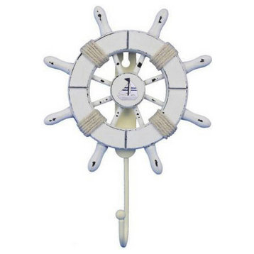 Rustic All White Decorative Ship Wheel with Sailboat and Hook 8' - Door Decor