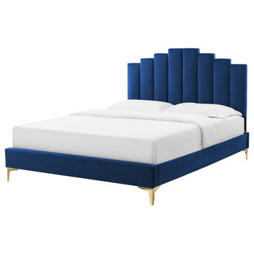 Platform Bed Frame, Full Size, Velvet, Blue Navy, Modern Contemporary, Bedroom