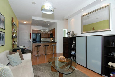 Small minimalist open concept laminate floor and brown floor living room photo in Toronto with green walls, a ribbon fireplace and a concealed tv