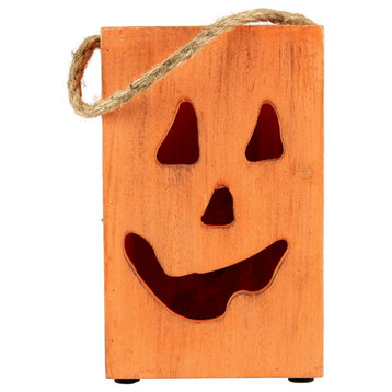 8" Large Orange Wood Jack O Lantern Halloween Candle Lantern