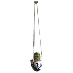 Rustic Indoor Pots And Planters Splattered Stoneware Glazed Hanging Planter, White and Cobalt