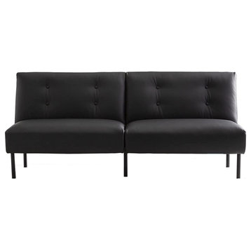 Comfortable Futon, Black Faux Leather Upholstery & Button Tufted Back, Deluxe