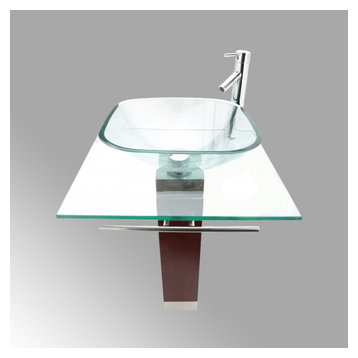 Rectangle Glass/Wood Bathroom Pedestal Sink with Chrome Faucet, Drain, Towel Bar