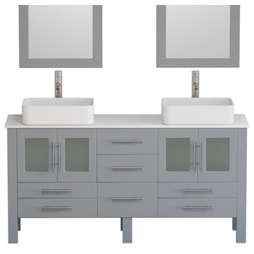 63" Gray Double Vessel Sink Bathroom Vanity With White Porcelain Top and Sinks,