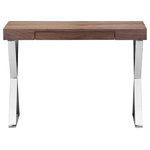 Pangea Home - Mason Console, Walnut - Console  with one pull out drawer, and high polished X-shaped metal legs.  Console may also be used as a small desk. It is finished on all sides