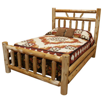 White Cedar Log Rustic Bed with Wagon Wheel Headboard, Queen