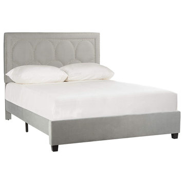 Elegant Queen Size Platform Bed, Velvet Headboard With Scalloped Pattern, Grey