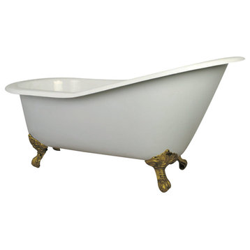 61" Cast Iron Slipper Clawfoot Tub w/7" Faucet Drillings, White/Polished Brass