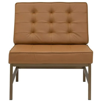 Modern Accent Chair, Bronze Frame With Tufted Bonded Leather Seat, Caramel Brown