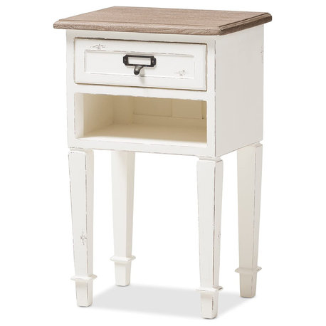 French Country Nightstand, Drawer and Shelf, Weathered Oak/Distressed White Wash