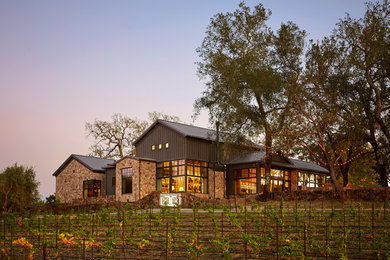Cottage gray two-story mixed siding exterior home idea in San Francisco with a metal roof
