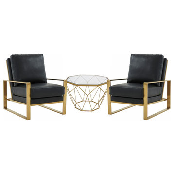 LeisureMod Jefferson Arm Chairs With Gold Frame and Coffee Table, Black