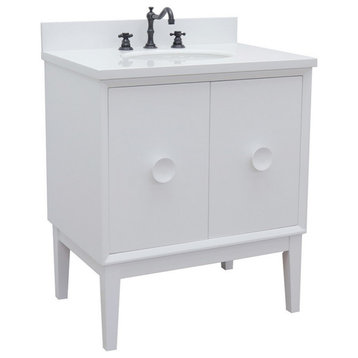 31" Single Vanity, White Finish With White Quartz Top And Oval Sink