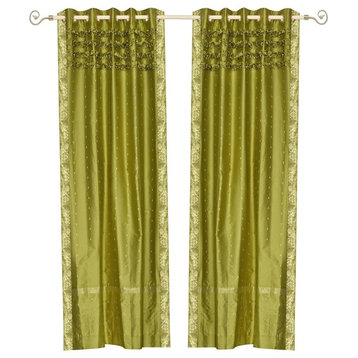 Lined-olive green Hand Crafted Grommet Sheer Sari Curtain Drape Panel-Piece