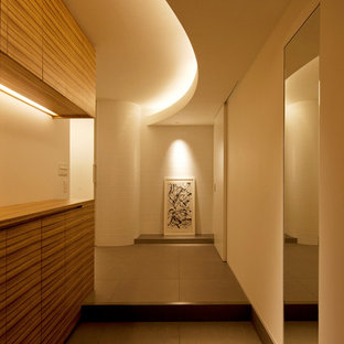 大阪の大きいモダンスタイルのおしゃれな玄関ホール (白い壁、セラミックタイルの床、グレーの床) の写真