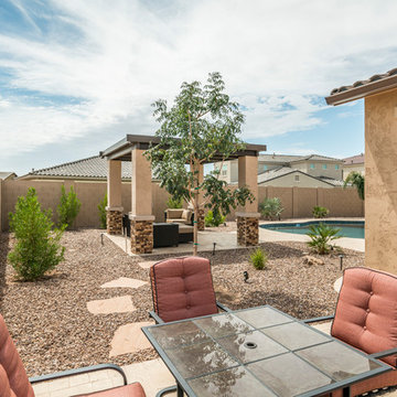 Tropical Pool Landscape with Travertine Deck, Custom Pergola in Mesa