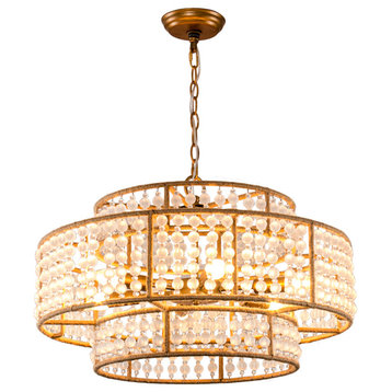 23.62 in Farmhouse Chandelier With Crystal Beads Shade, Adjustable Chain