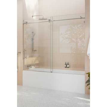 68-72"x60" Frameless Bath Tub Sliding Shower Door, Brushed Nickel