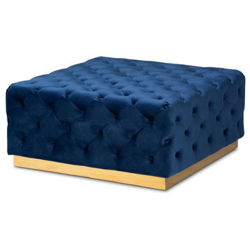 Baxton Studio Verene Royal Blue Velvet Gold Finished Square Cocktail Ottoman