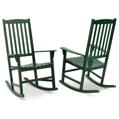 2 Pack Patio Rocking Chair, Mahogany Wood Frame and Slatted Seat, Hunter Green