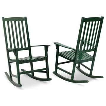 2 Pack Patio Rocking Chair, Mahogany Wood Frame and Slatted Seat, Hunter Green
