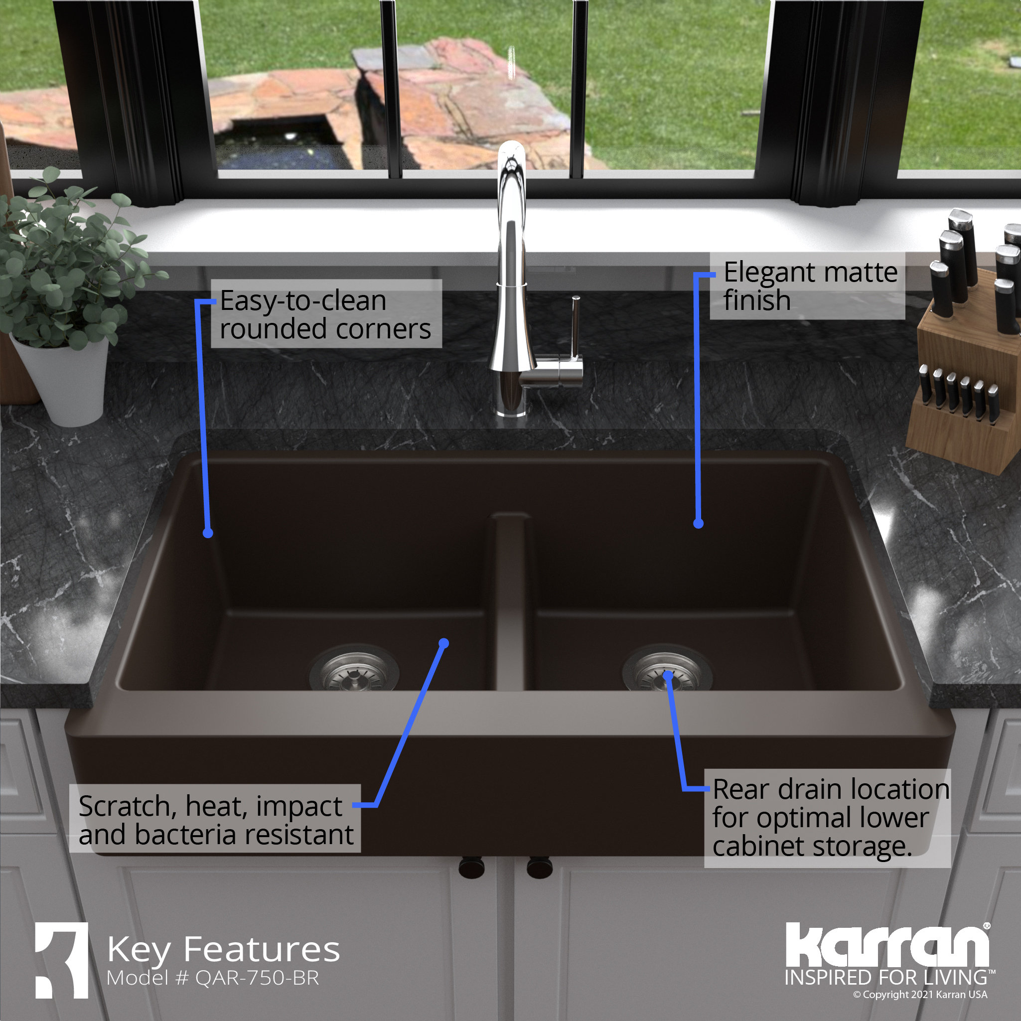 Karran Retrofit Farmhouse Quartz 34" Double Bowl Sink, Brown