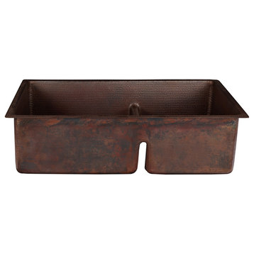 33" Hammered Copper Kitchen 60/40 Double Basin Sink With Short 5" Divider