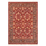 Bareens Designer Rugs - Agra Pak Persian Tanja Red/Blue Wool Rug - 6'1'' x 8'10'' - Designed with mesmerizing intricacy and gorgeous color palette, this hand-knotted masterpiece demonstrates the beauty and electrifying thrill of Pak Persian art. These meticulously hand-knotted Pak-Persian rug is made with pure wool and features breathtaking traditional, transitional, and tribal designs in bold luxurious color pallets. Known for their intricate designs these rugs are a reproduction of Persian rugs, made in Pakistan with unique Mughal designs. Made by master weavers using the same Persian texture, design and dying technique, we wanted to produce the most significant manifestation of Persian art, life, and culture. This rug is most famous for its exceptional quality, incredible designs, patterns, and vibrant rich color. Pak-Persian rugs made with Persian weave with high knot counts, which enables the high intricacy and detail found in the patterns are also referred to as "State of art", each color adds a rich beautiful detail in the artwork of this rug. The design, color, and beautiful chromatic composition with a vibrant sheen with intricate designs, exude beauty, elegance, and quality make this rug a masterpiece of its own.