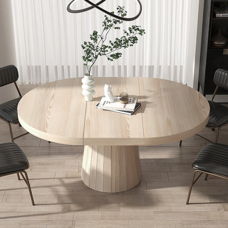 Japandi Extendable Dining Table 39"-55" Whitewash 6-Seater Oval&Round Pedestal, Whitewash