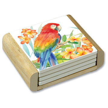 Stone Coasters/Wood Holder Tropical Birds Set of 4