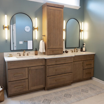 Spa Like Primary Bathroom Remodel with Warm Wood & Brass Details