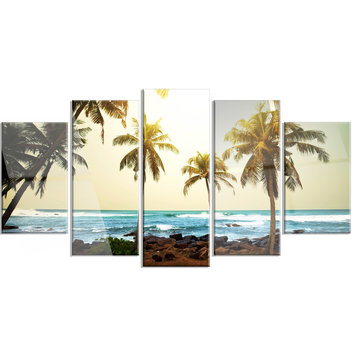 "Rocky Tropical Beach With Palms" Metal Art, 5-Panel Diamond, 60"x32"