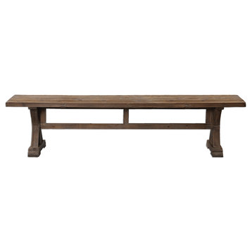 Rustic Pine Farmhouse Solid Wood Trestle Bench, Dining Seat Cottage Antique
