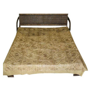 Mogul Interior - Embroidered Bedspreads Throws Coverlet India Khaki Pacca Hand Work Bed Cover - Quilts And Quilt Sets