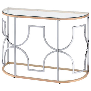 Contemporary Console Table, Golden Metal Frame With Geometric Silver Accents
